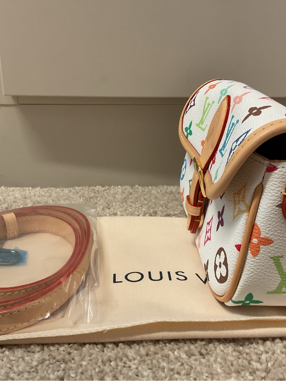 NWOT White Multicolor Monogram Crossbody Bag with Tan Trim - Picture 9 of 11